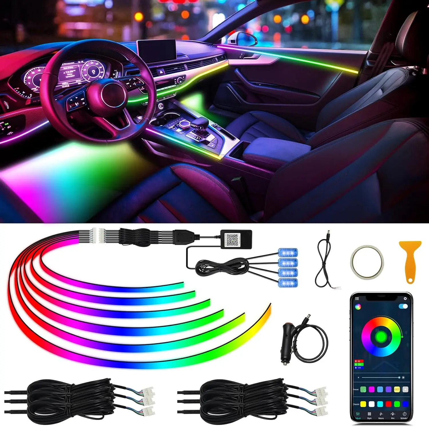 

Wireless APP Controlled Car LED Strip Light, 16 Million Colors Sound Active Ambient Lighting Kit with 175 inches Fiber Optic