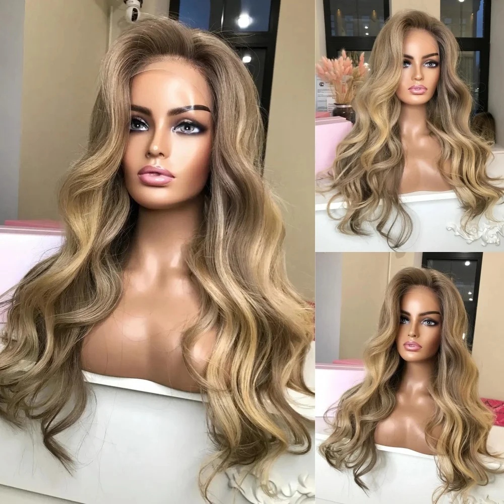 Long Wavy Highlight Dirty Blonde Synthetic Lace Front Wigs for White Women Glueless Pre plucked High Temperature Fiber Wigs