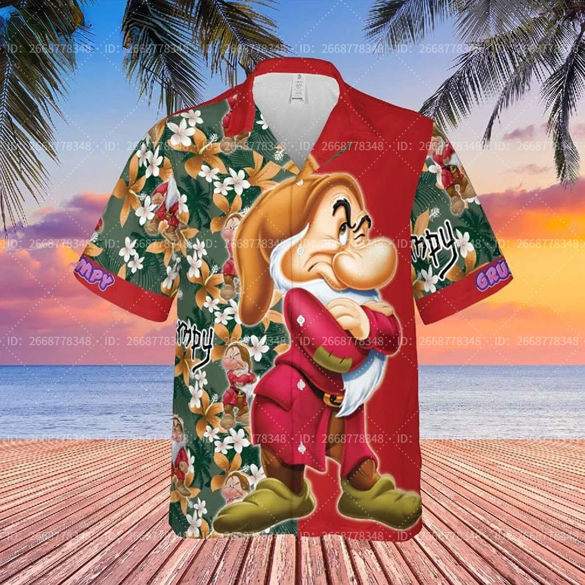 2024 Summer Disney Grumpy Dwarf Snow White Hawaiian Shirts Disney Fashion Beach Short Sleeve Shirt Retro Casual Button Shirt