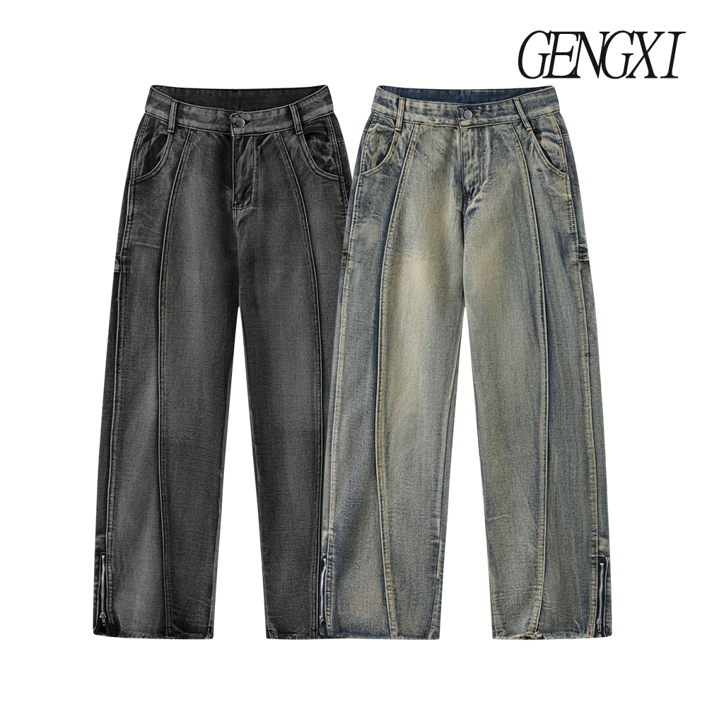 

New wash-out vintage distressed curved blade jeans Vibe deconstructed design high street jeans Straight leg casual trousers