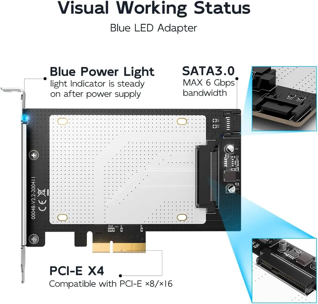 MAIWO 2,5-дюймовая карта адаптера U.2 to PCI-e 4.0 X4 X8 X16 для U.2 NVMe SSD PCIe 4.0 X4 Полноскоростная поддержка 6 ТБ 2,5-дюймовый SATA SSD/HDD