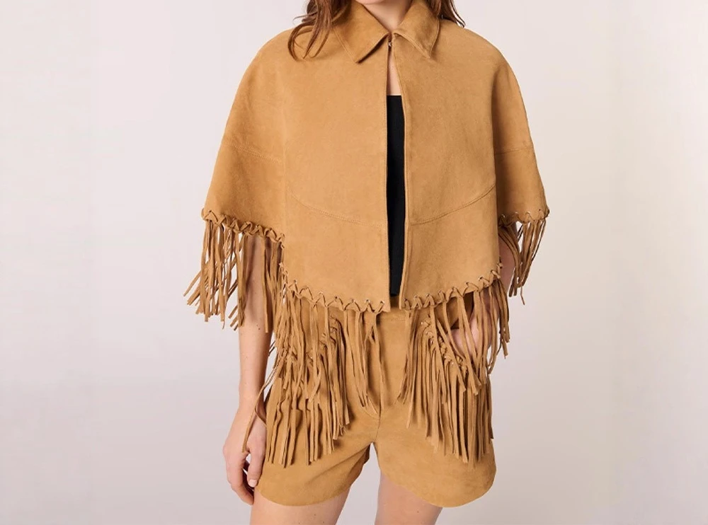 

2025 Autumn/Winter Women's Fashion New Style Design Sense Flip Collar Tassel Hem Cape Long Sleeved Jacket