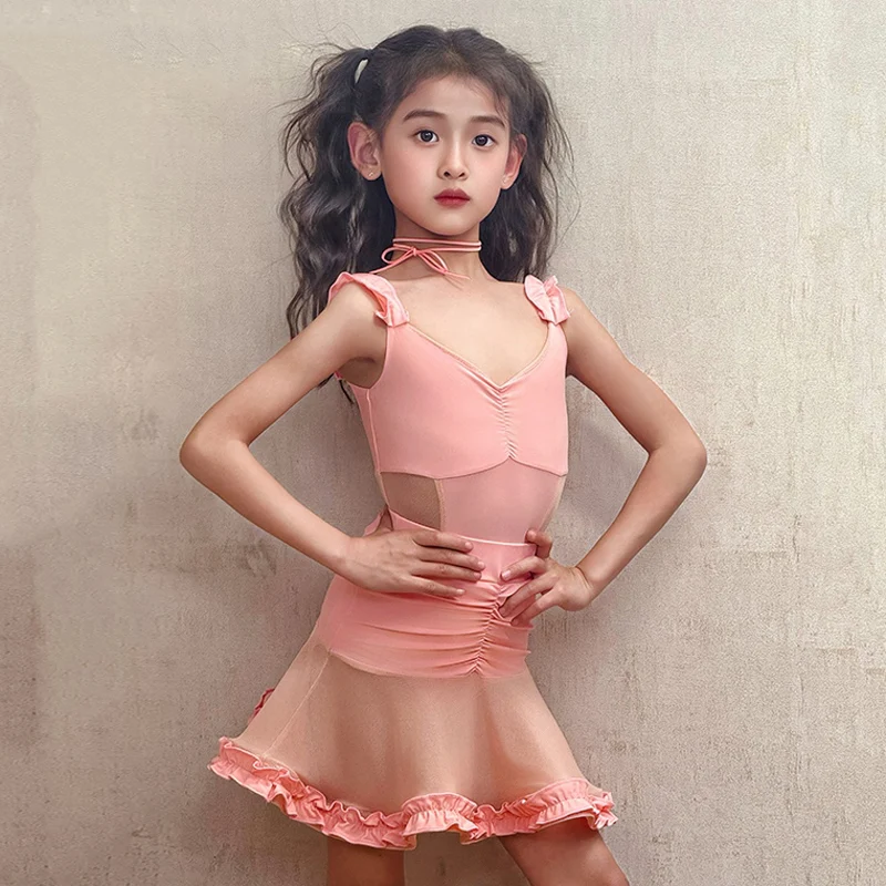 

Girls Pink Latin Dance Dress Kids Rumba Cha Cha Samba Dance Performance Clothes Summer Latin Dance Wear Practice Dress DNV23385