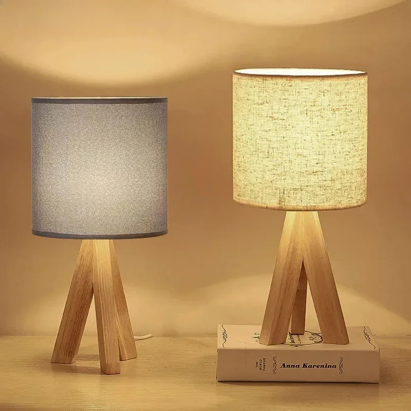 Nordic Wood Table Lamp Bedside Eye Protection Desk E27 Log Fabric Beige shade LED Bedroom Study Room Decor Home Fixture