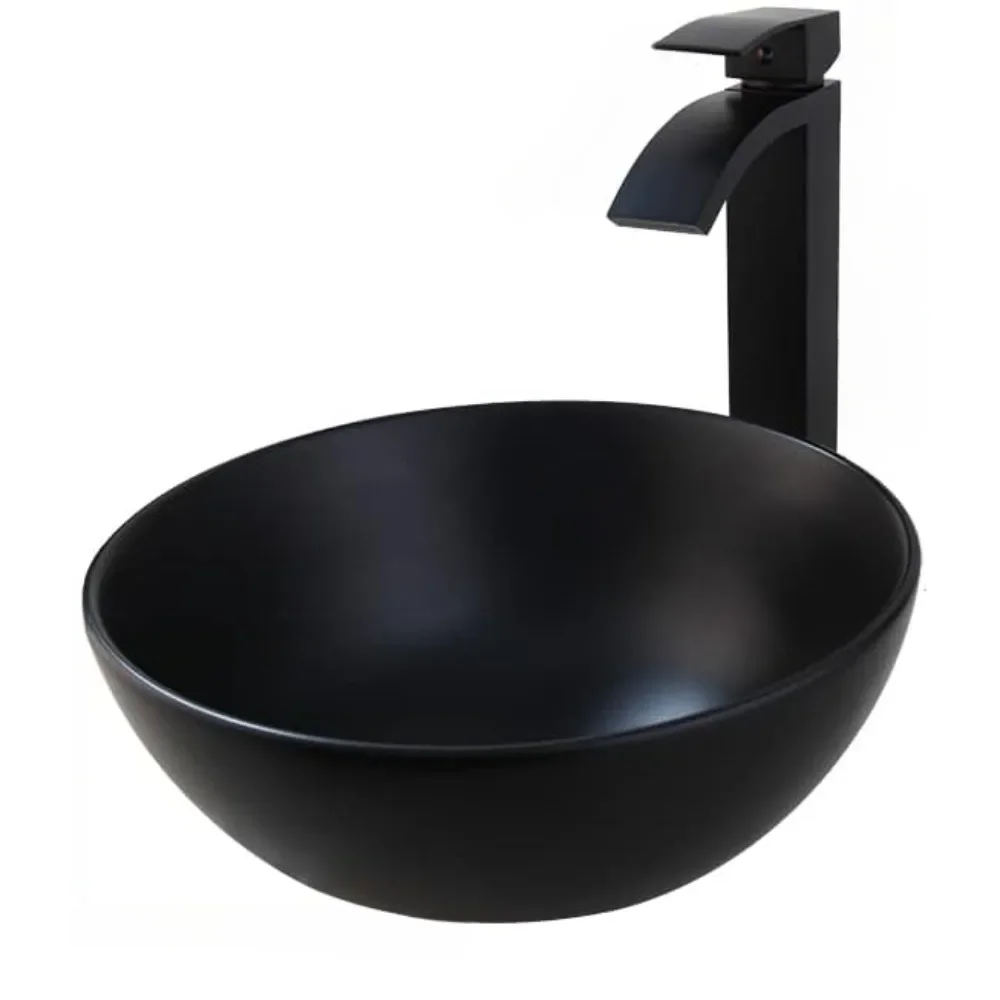 Black Bathroom Ceramic Vessel Sink Set, Above Countertop, Round Bowl Sink with Waterfall Faucet and Drain Combo