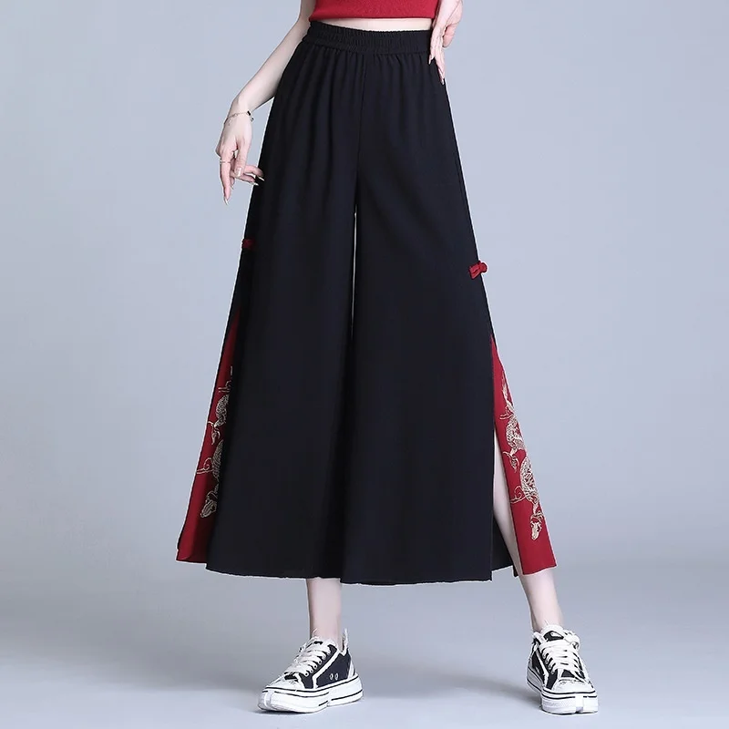 Chinese Style Women Embroidery Chiffon Pants Chic Kung Fu Pants Hippie Harajuku  Aesthetic Baggy Wide Leg Trousers  Kimono Pants