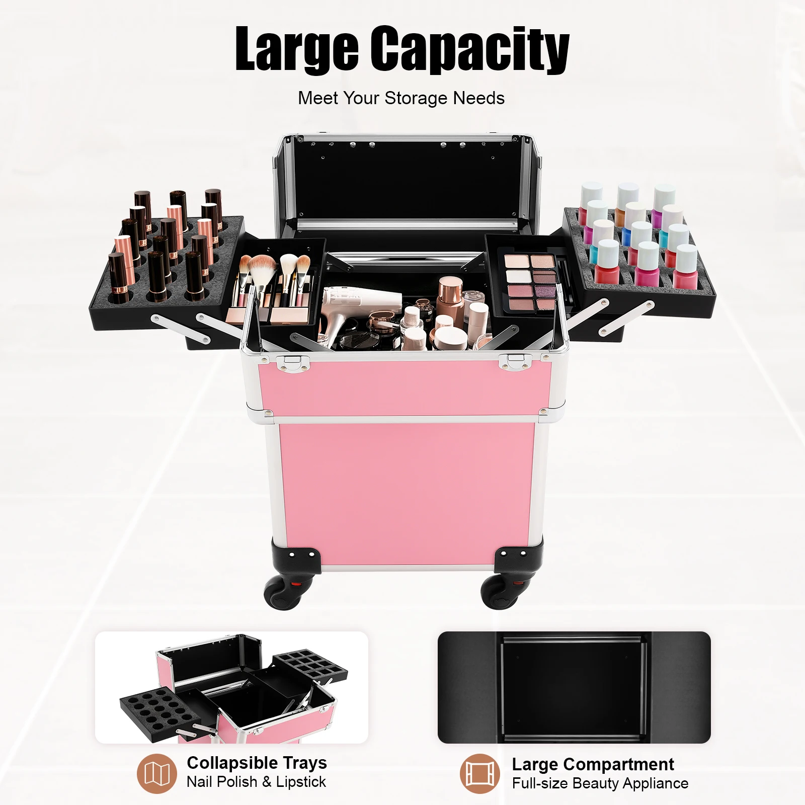 

Rolling Makeup Train Case, Aluminum Trolley Professional Cosmetic Organizer Box with Keys, Salon Barber Case for Any Beauty Tool