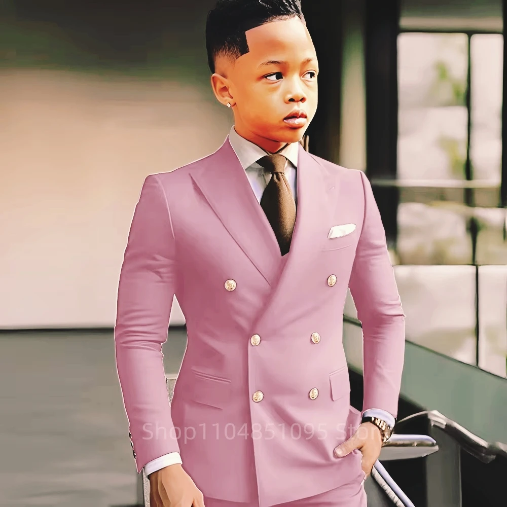 Handsome Blue Boys Suit Jacket Pants 2 Piece Set Gold Buttons Formal Blazer for Kids Wedding Party Prom Suits 2-18 Years Clothes