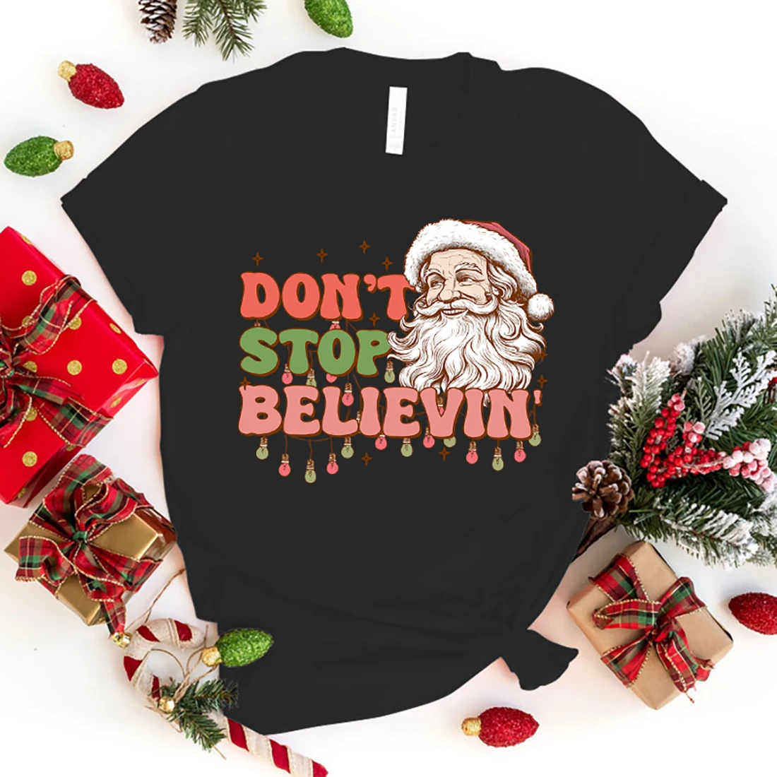 

Fashion Christmas Don'T Stop Believin Print T-Shirt Unisex Loose Short Sleeve Round Neck Top