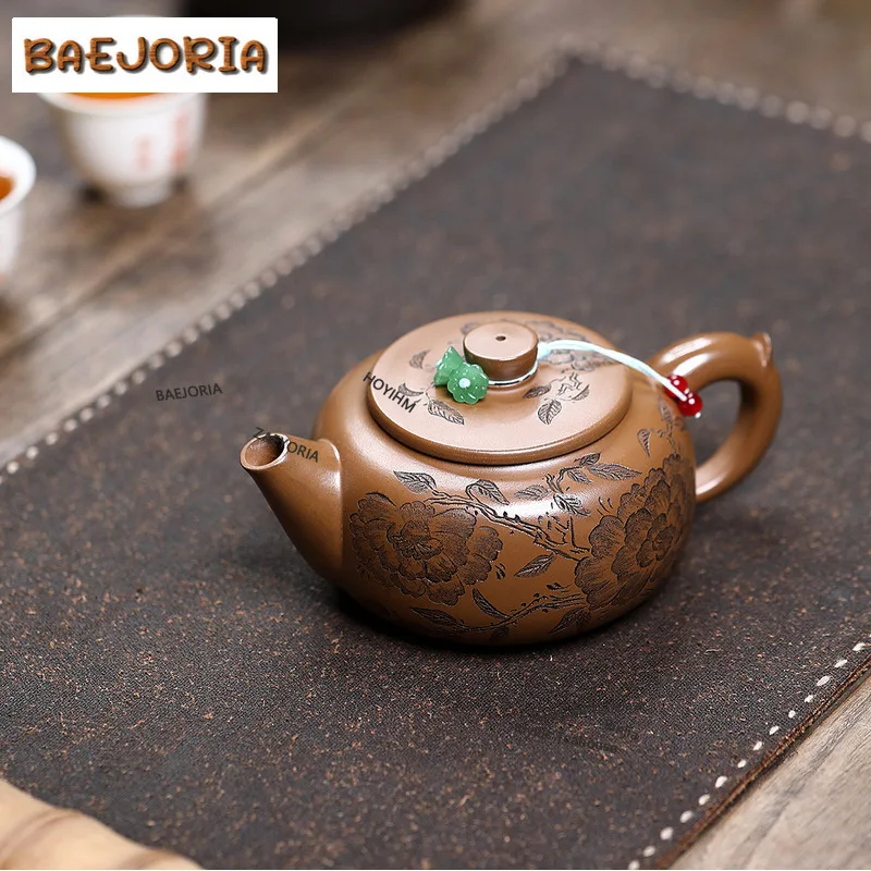 BAEJORIA 290ml Yixing Purple Clay Teapots Handmade Peony Jade Plate Pot Raw Ore Gold Zhu Mud Tea Maker Kettle Zisha Tea Set