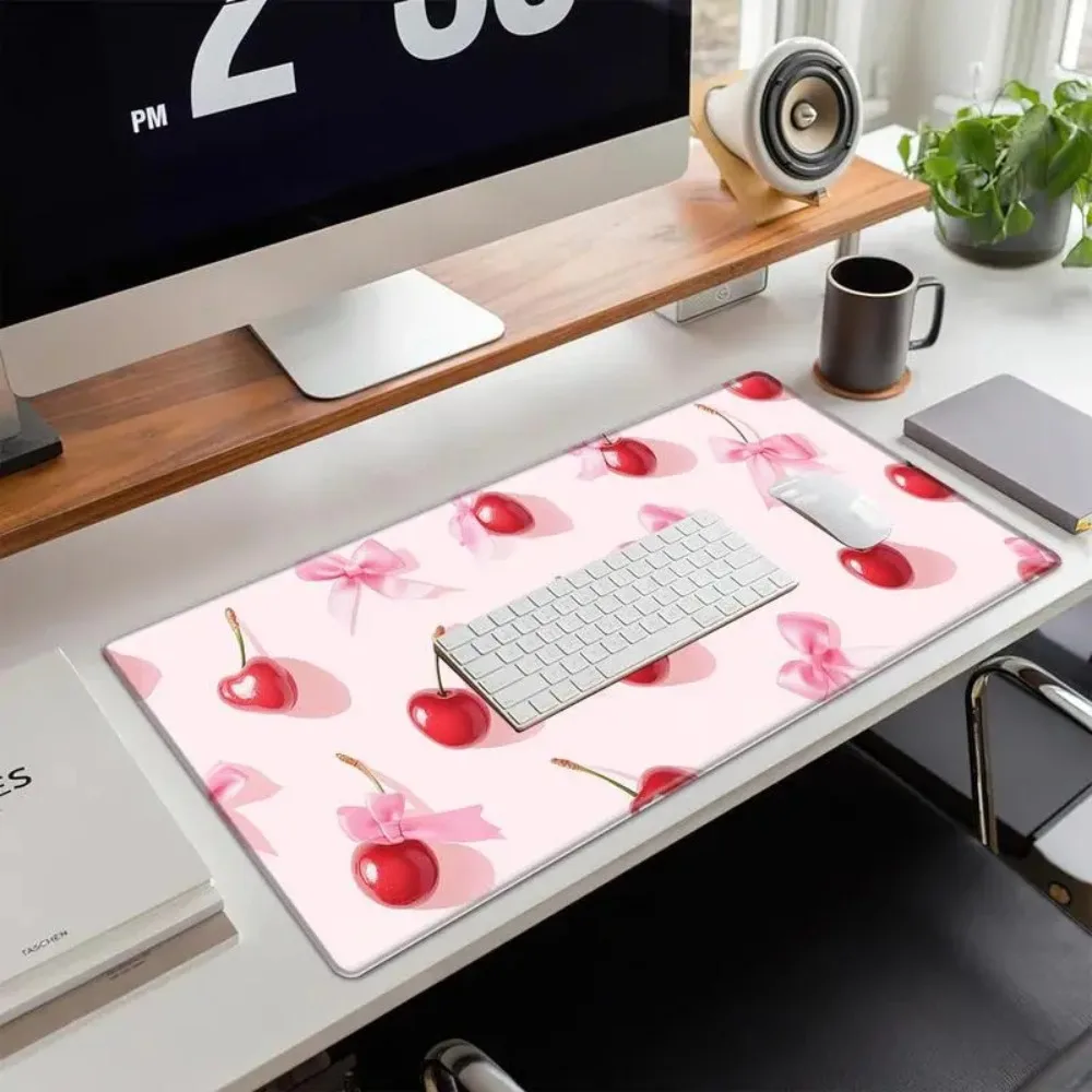 Tapis de souris rose cerise et nœud papillon, tapis de souris mignon, accessoires de bureau pour ordinateur