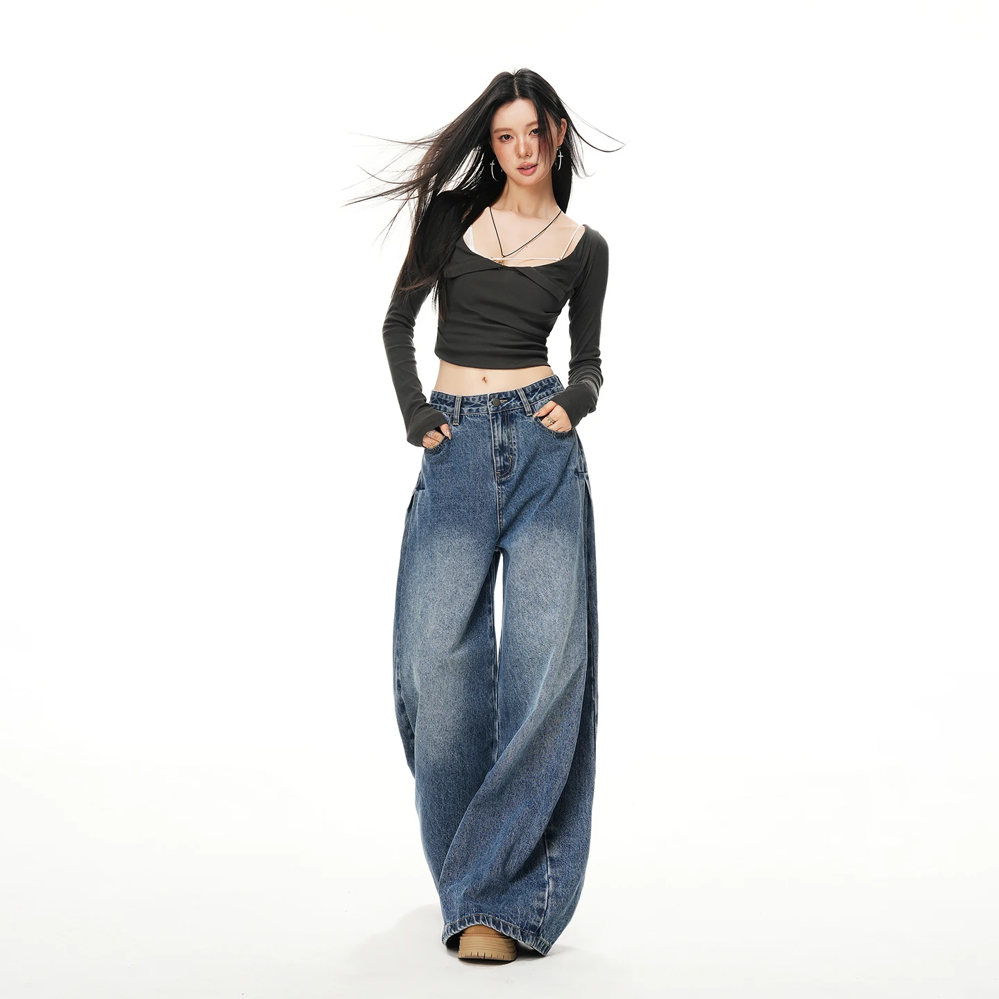 루즈 진 여성 Y2K 캐주얼 슬림 핏 레트로 플리츠 구조 디자인 하이 웨이스트 와이드 레그 플레어 바지 신상