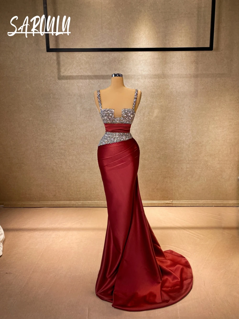

Beautiful Satin Beaded Evening Dress For Women Sexy Fitted Waist Elegant Cocktail Gown With Thin Straps Intricate Customized