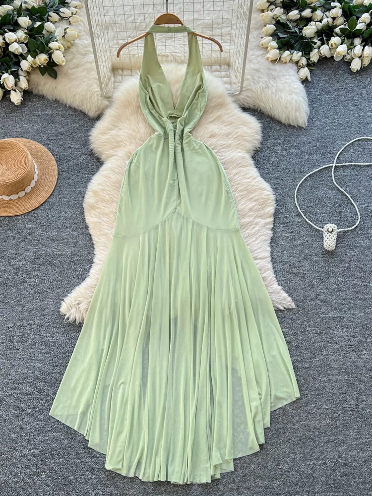 Foamlina عميق الخامس الرسن عارية الذراعين فستان طويل المرأة مثير بلا أكمام سليم بقماش شفاف المرقعة غير النظامية فستان ماكسي لحفلة الصيف