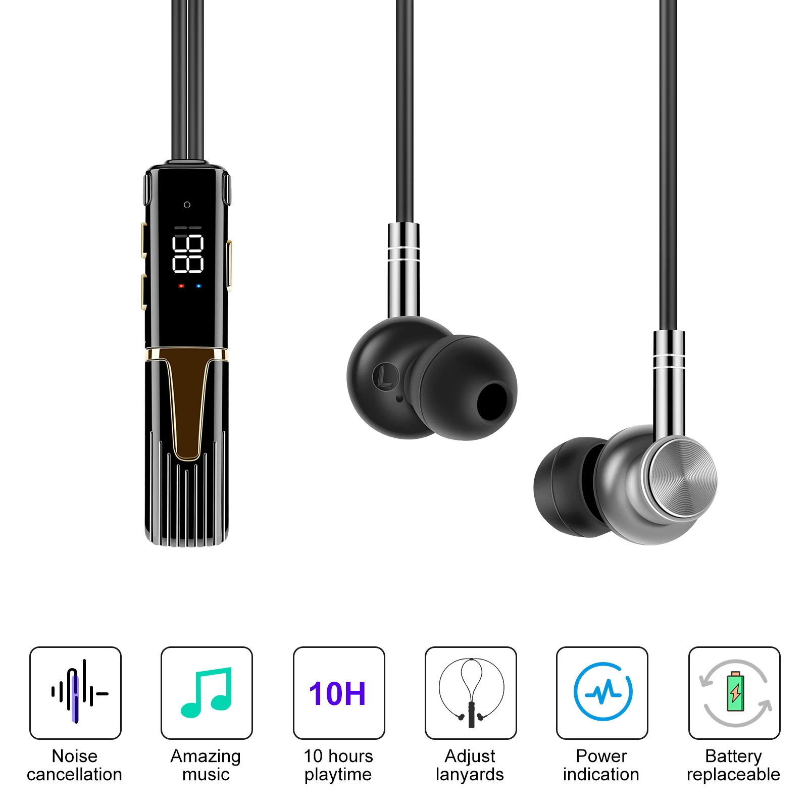 ALIAI Sports Wireless Bluetooth Headphones,Battery Level Display and Replaceable Battery Noise Reduction Earplugs