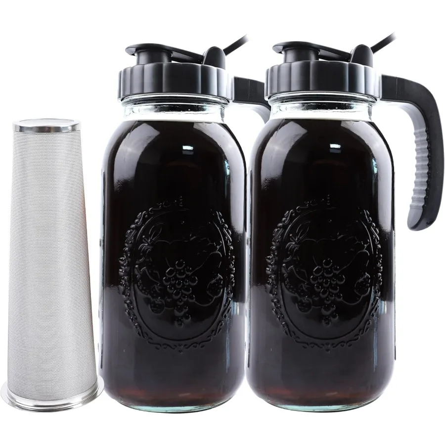 

Cold Brew Coffee Maker Half Gallon 2 Set Glass Mason Jar Pitcher With Spout Lid Filter 2 Quart Wide Mouth Iced Tea Brewing Jug H