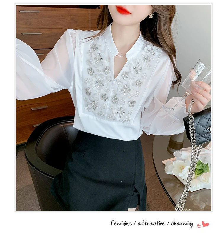 Heavy Industry Beads Long Sleeve Chiffon Shirt for Women 2024 Spring New Office Lady V-neck Puff Sleeve Top Blouse Female