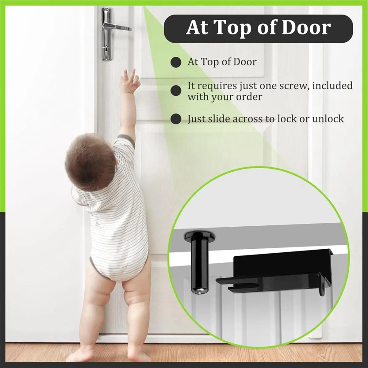 NOCM Adjustable Child Safety Door Top Lock Metal Child Proof Door Top Lock for Interior & Exterior & French Door Black
