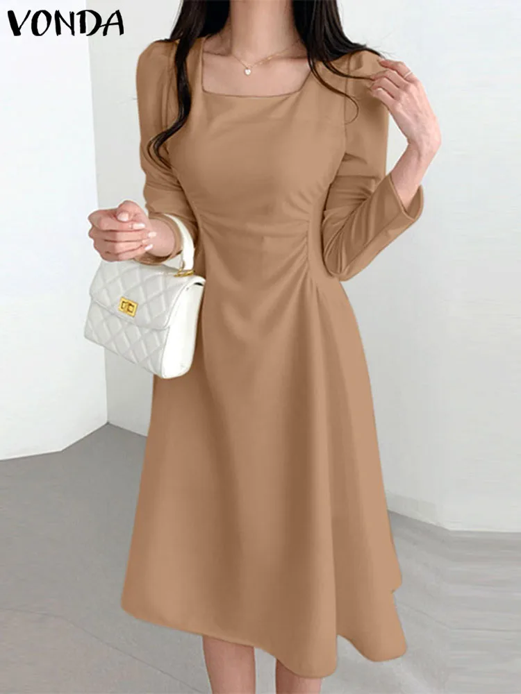 

Elegant Dress Women Sexy Long Sleeve Square Collar Midi Sundress 2023 VONDA Summer Pleated Robe Casual Solid Color Long Vestidos