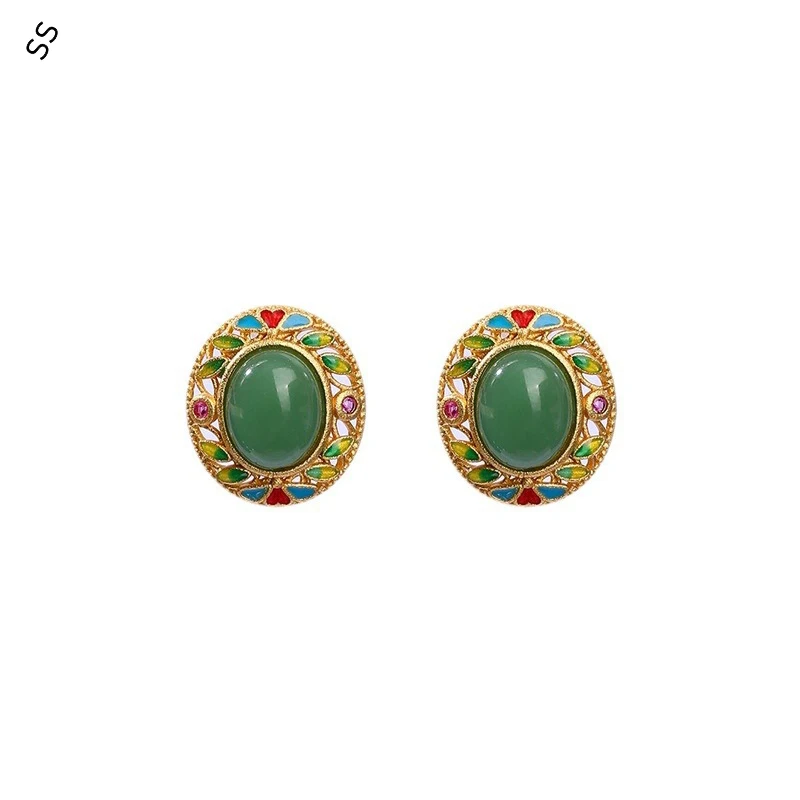 

Chinese Style Vintage Gold-Plated Faux Hetian Jade Enamel Drip Glaze Earrings for Women - Elegant Retro Dangle Ear-studs