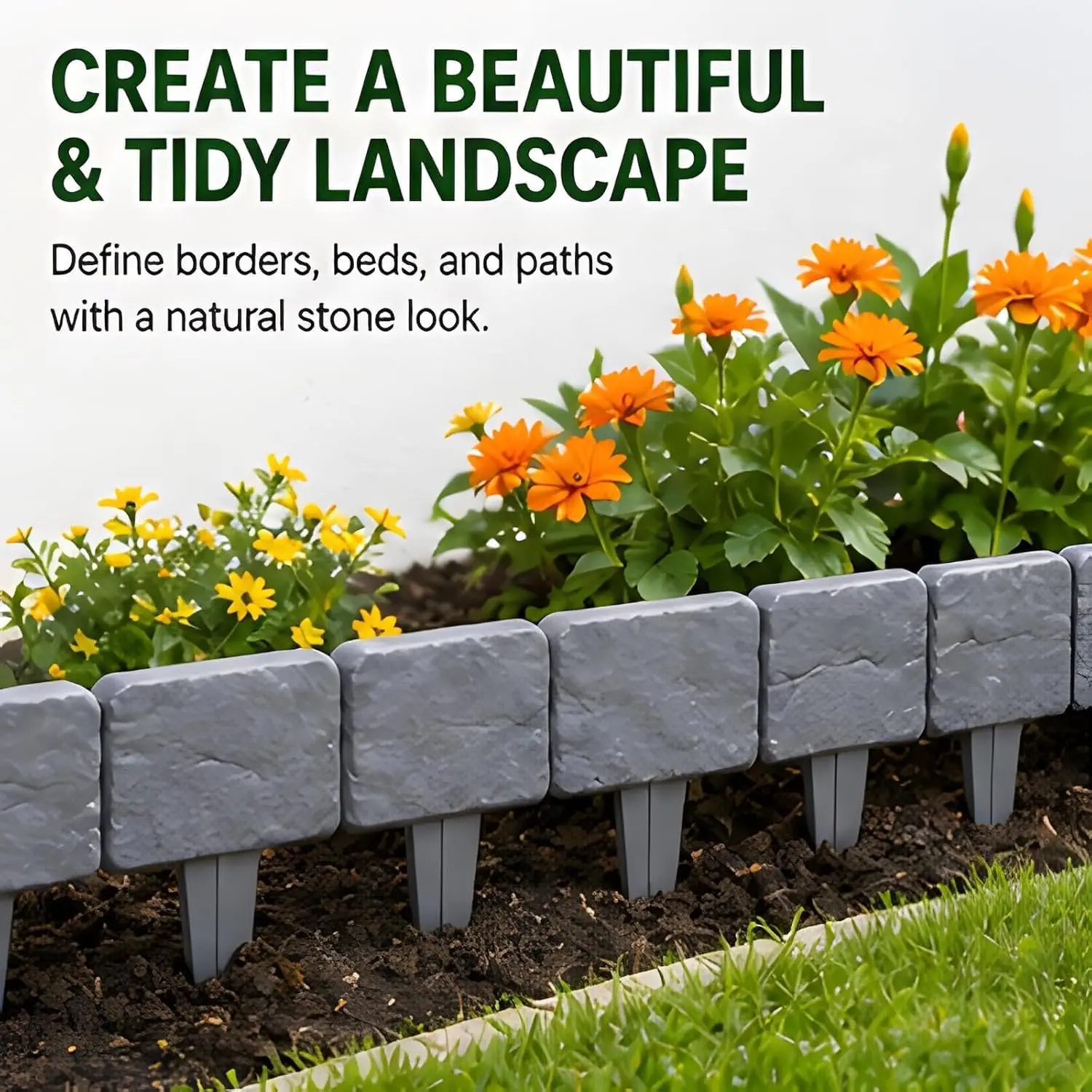 10PCS Plastic Garden Edging Border for Flower Beds, Imitation Stone Fence Panels, Patio Outdoor Barrier Stone-Look Garden Fence