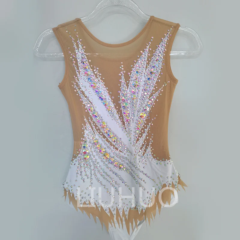 LIUHUO Rhythmic Gymnastics Leotards White Gradient Full Diamond Sleeveless Aerobics Competition Performance