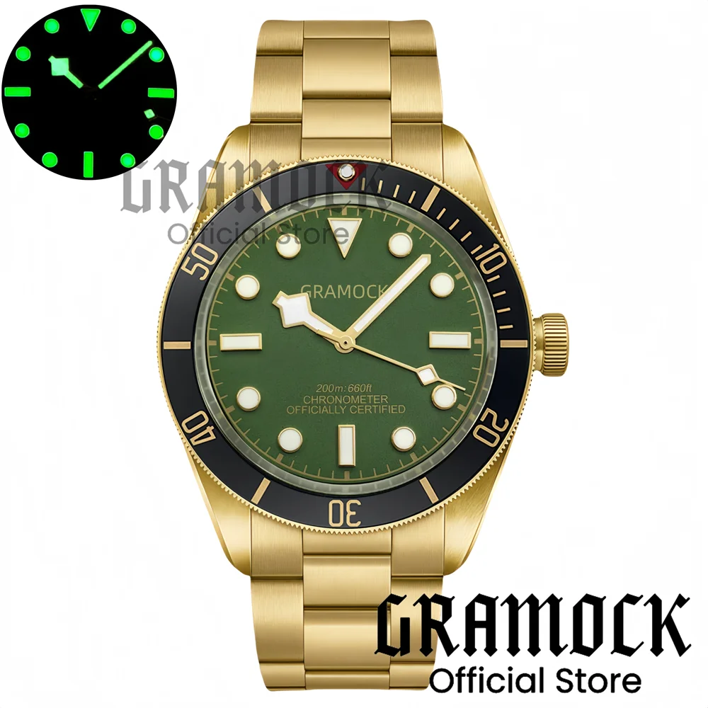 

Gramock 39 мм Мужские роскошные бронзовые золотые часы NH35 NH34 Автоматические механические часы Зеленый циферблат Luminoua Steel Дайвинг 100M Часы для мужчин
