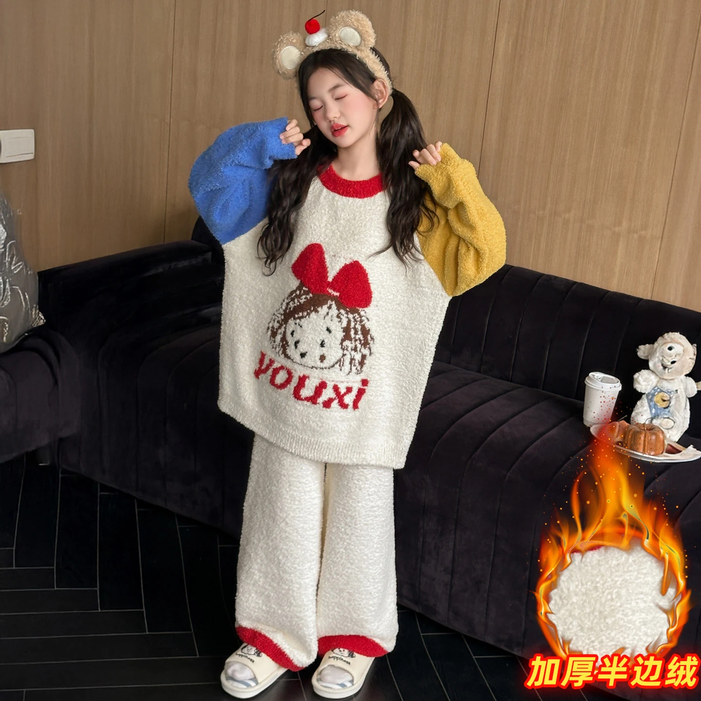 

Child Velvet Warm HomeWear Set Size 4-14Y Girls Sleepwear 2Pieces Of PJ Sets Sweetheart Long Sleeve+Long Pants Patchwork Suit