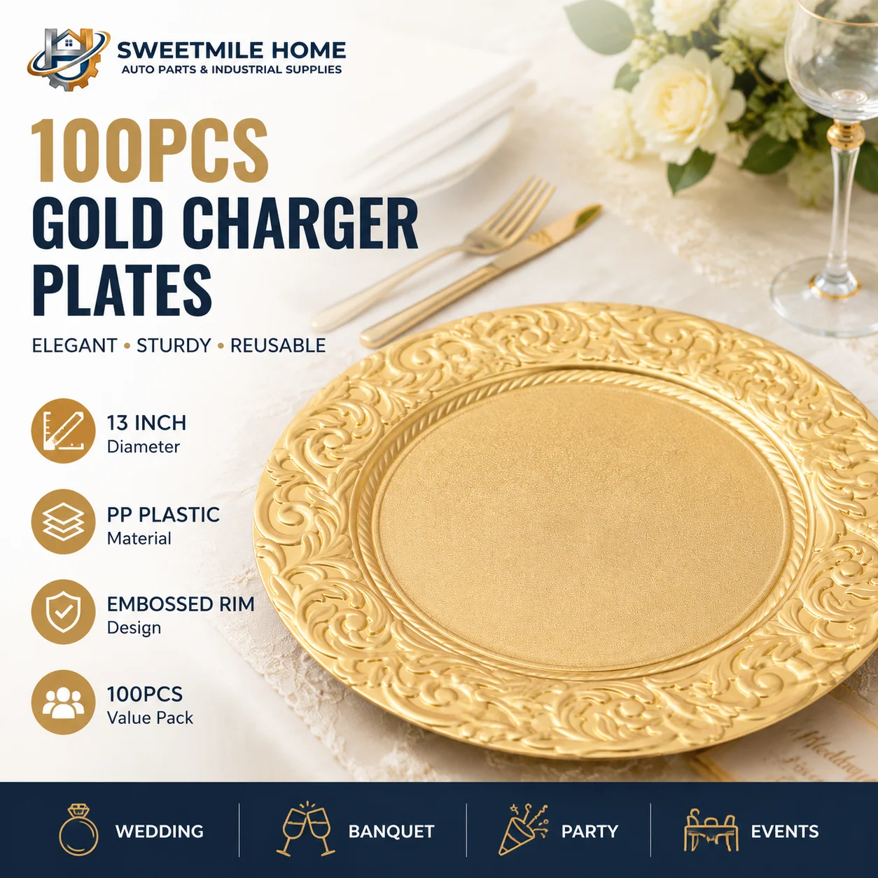 100Pcs 13 Inch Gold/Silver Charger Plates Round PP Plastic Service Plates with Embossed Rim for Wedding Banquet