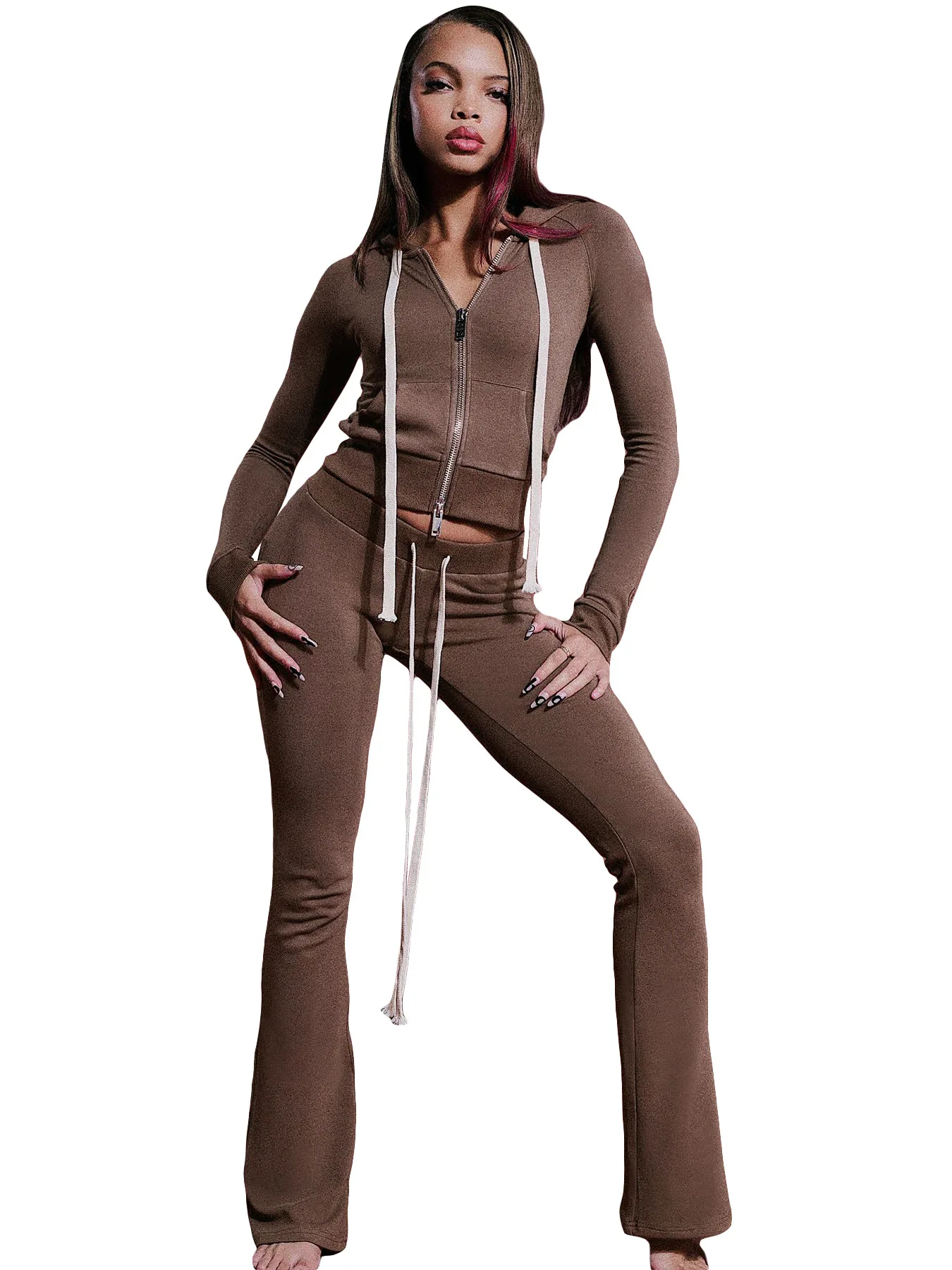 

Casual Sporty 2 Piece Set Woman Solid Color Hooded Zip Crop Tops And Flare Pants Outfits Fall Female Street Tracksuits