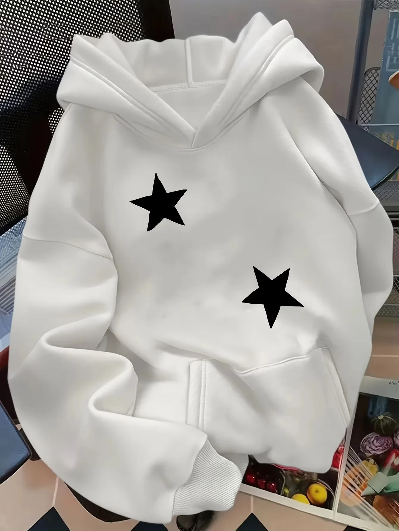 Women's White Star Letter Sports Hoodie Simple Star Printed Loose Pullover Street Long Sleeve Sweatshirt Spring Autumn Women Top