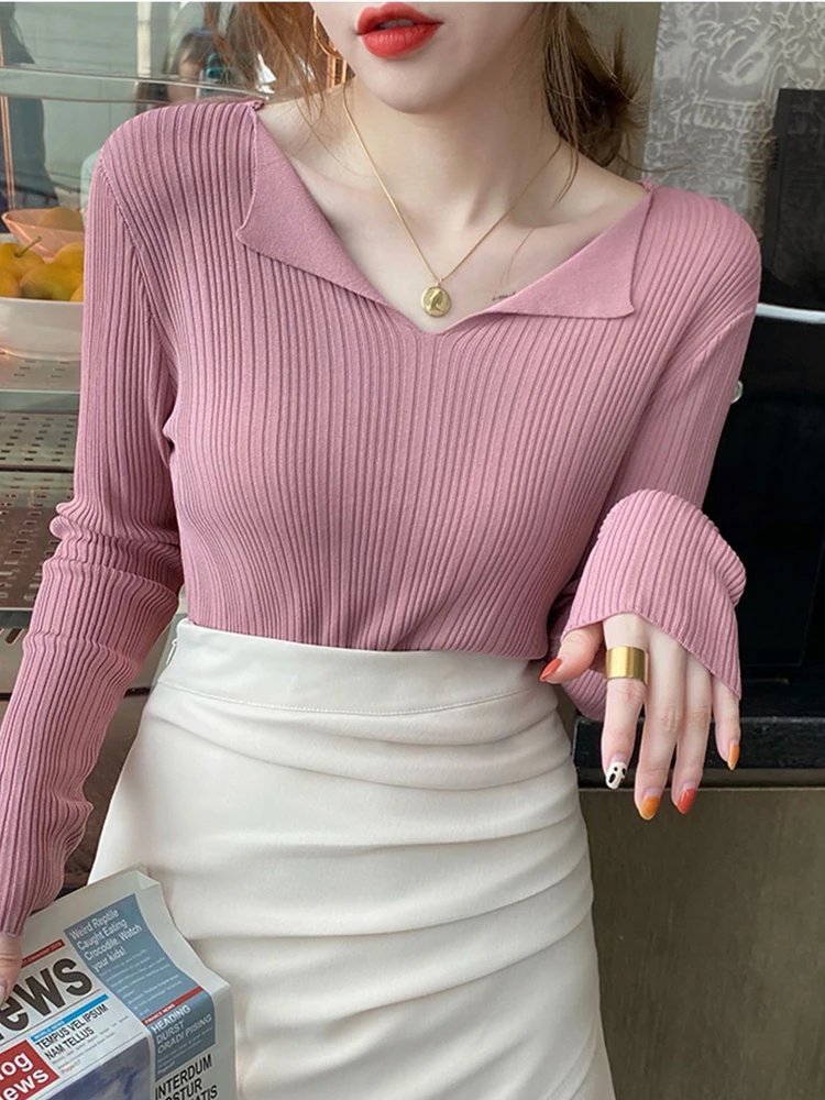 Women Ribbed Sweater Autumn Winter Knitted Pullovers Sexy Turn Down V-neck Solid Soft Knitwear Jumpers Sweaters Woman Tops 2024