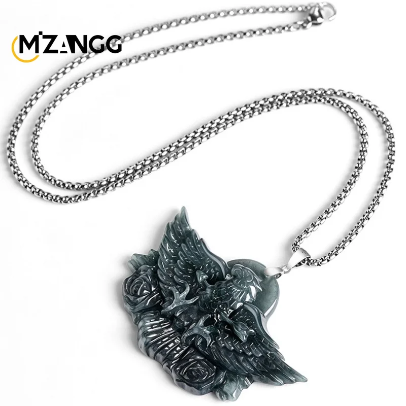 Natural Grade A Jadeite Soaring Eagle Pendant Hand-Carved Unique Hip-Hop-Style Ice-Type Jade Necklace Men and Women Holiday Gift