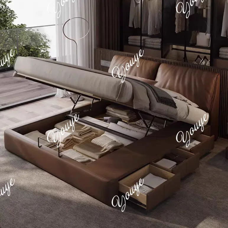 

N63Leather Bed, Light Luxury, Modern 2m Master Bedroom, Double Bed, Multi-functional Storage, Upholstered Beech Wood Bed