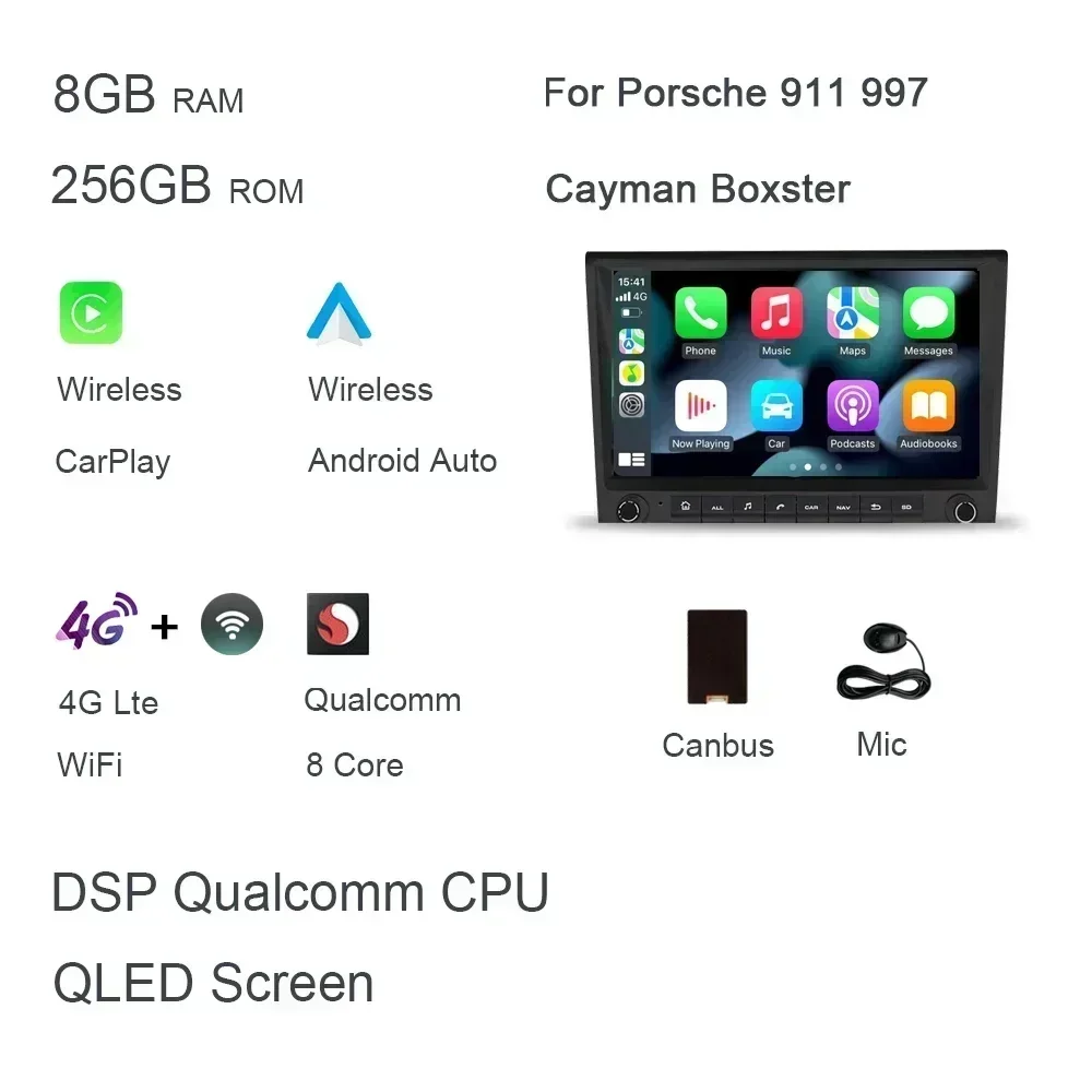 720P 8' 2 DIN Android 14.0 autoradio met 8-core processor, 256GB ROM, DSP, multimedia, GPS voor Porsche 987, 911, 997, Cayman, Boxster