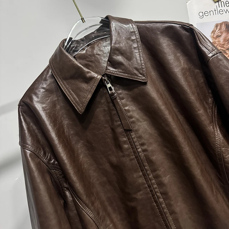 秋冬ショート本革ジャケット輸入オイルワックスシープスキンファッションチャケータムヘールブラック/ブラウンルーズカジュアルトップコート