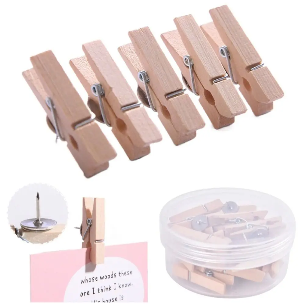 20Pcs/Box Creative Wooden Clip Push Pins Reusable DIY Pushpins with Clips Convenient with Box Blackboard Push Pins Wall Markers