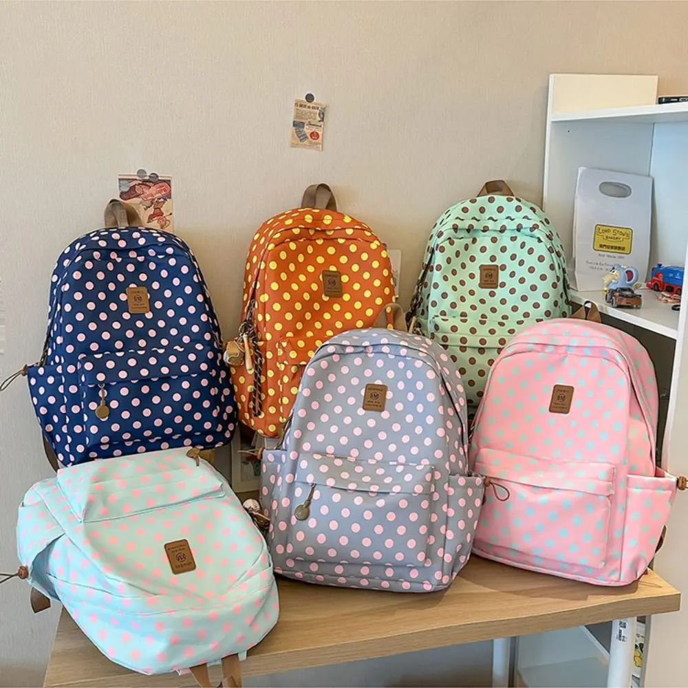 Y2k Süßer Polka-Dot-Rucksack, mehrfarbig, mit mehreren Taschen, Spitzenbesatz, strapazierfähiger minimalistischer Schulrucksack für Studenten und College. – Detail 13