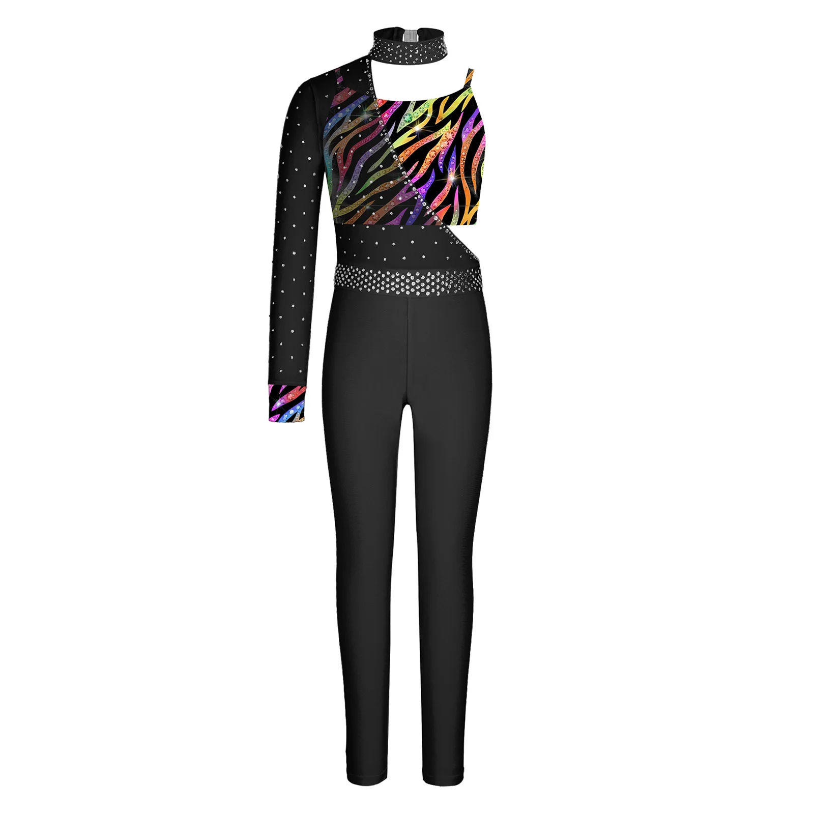 

Kids Girls One Shoulder Mesh Long Sleeve Rhinestone Dance Jumpsuit Sparkly Stretchy for Gymnastics Stage Performance Competition