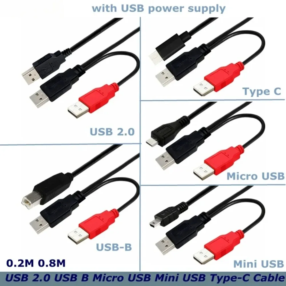 0.8M Y-Type USB 2.0 Data Cable, Double Head USB-B/Micro/Mini/Type-C, External Power Supply Cord For Mobile Hard Disk Printer