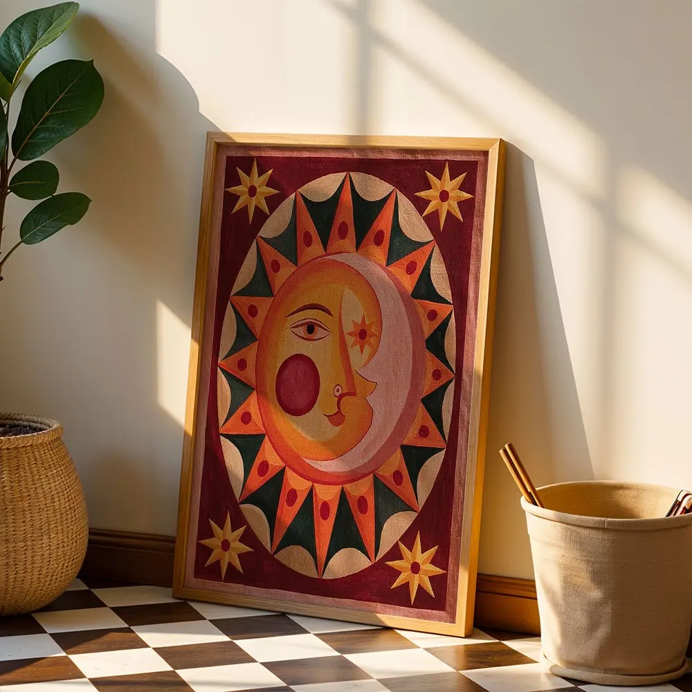 Abstract Sun Moon Face Canvas Wall Decor Picture, 2D Printed Poster Wall Art, Bohemian Home Decor For Living Room And Bedroom