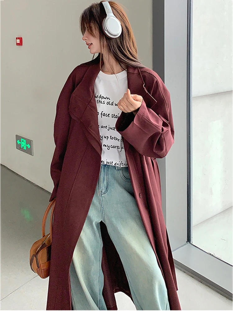 LANMREM 2024 Autumn New Red Long Windbreaker For Women Lapel Collar Belt Trench Coat Loose Style Female Casual Clothing 2DB1068