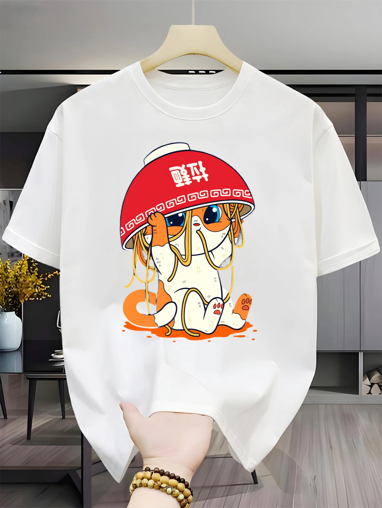 Cute Ramen Eating Cat Mens Crew Neck T Shirt Cartoon Noodle Kitty Graphic Short Sleeve Tee Food Pet Lover Casual Male Street Top