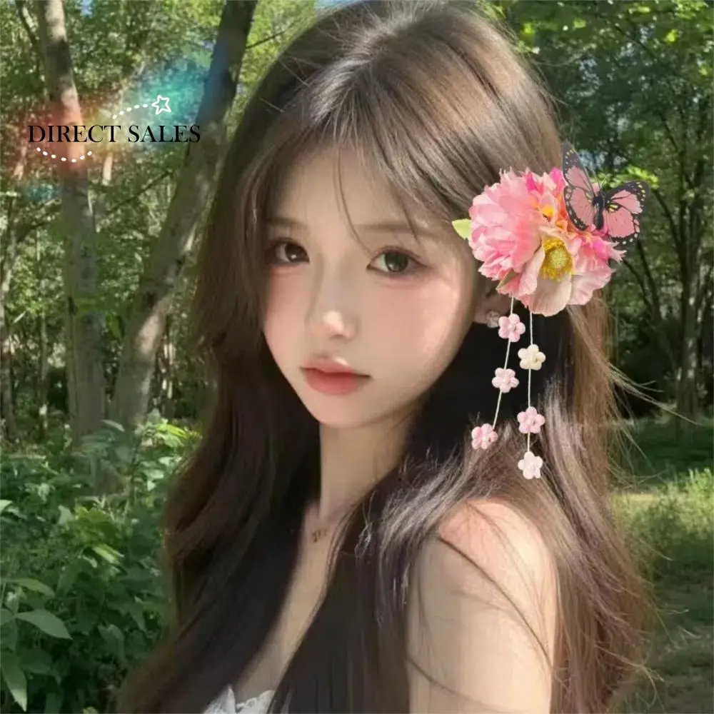 

Sweet Flower Butterfly Side Clip Chinese Style Fringe Hydrangea Hair Clip Ancient Style Hanfu Headwear Tassel Duckbill Clip