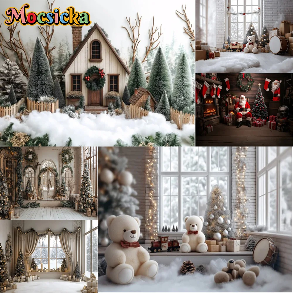 Mocsicka Photography Backdrop Christmas Elf Cottage Snow Tree Decoration Family Xmas Holiday Portrait Background For Photographs
