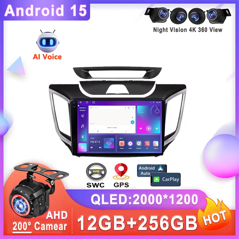 Car Android 15 Auto Radio For Hyundai Creta IX25 2015-2019 Stereo Head Unit Multimedia Player No 2din DVD QLED Screen Dash Cam