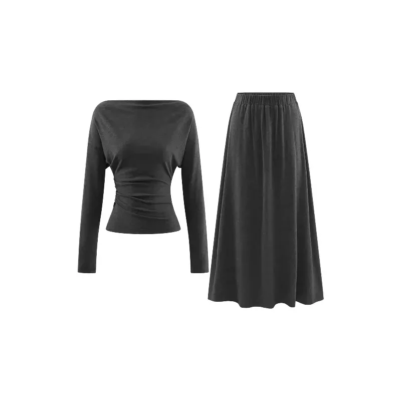 Elegant Off Shoulder Long Sleeve Top and Midi Skirt Set Casual Slim Fit Outfit for Petite Women Chic Autumn Two Piece Dress Suit