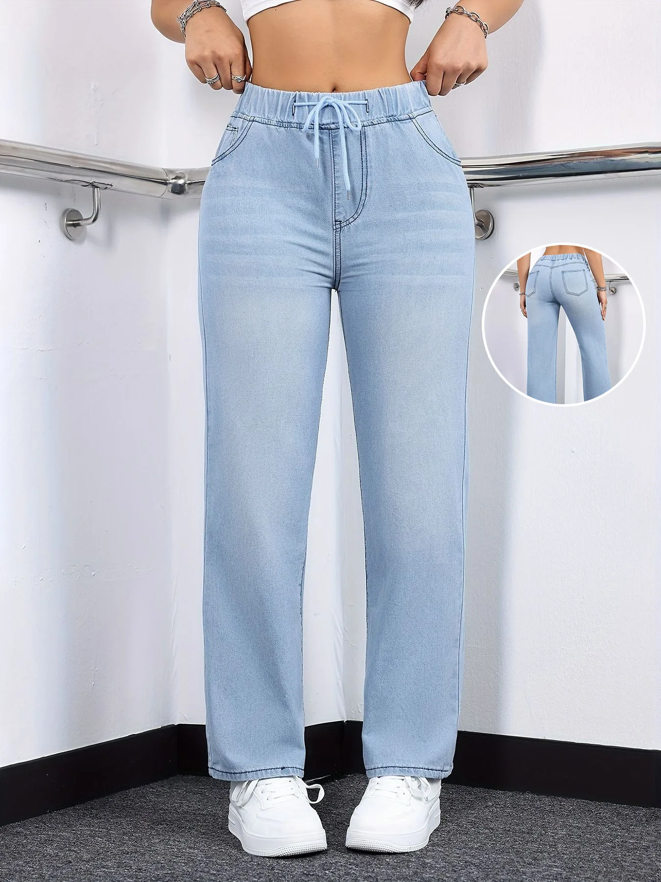 

Повседневные джинсы, весна-осень, однотонные свободные удобные повседневные модные уличные брюки со средней посадкой и прямым поясом на шнурке