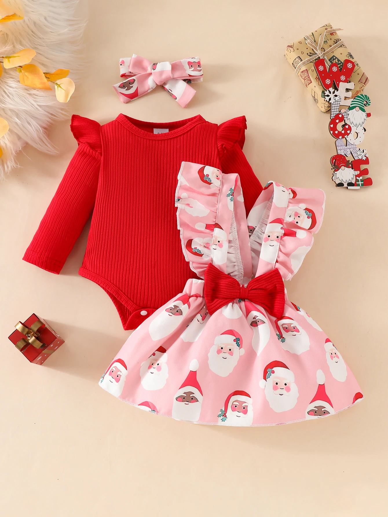 Baby Girl Fashionable Christmas Party Santa Claus Cute Cartoon All over Printed Red Bow Ruffled Cross Suspender Skirt + Toddler Triangle Crawling