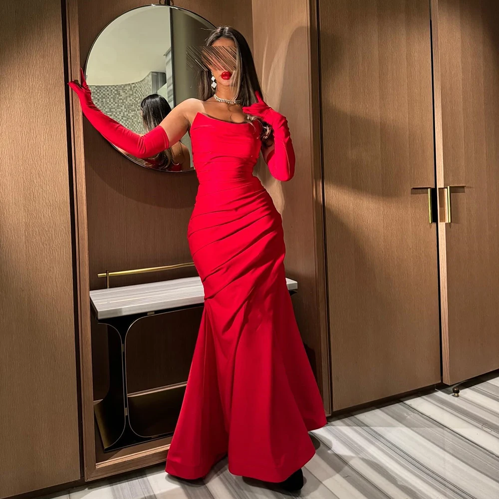 

Customized Strapless Pleat Mermaid Satin Evening Dress With Gloves Backless Party Dress Floor Length Prom Gown For Women